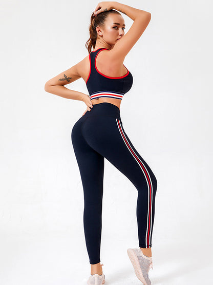 Contrast Color Striped Top Bra&Legging Fitness Suits