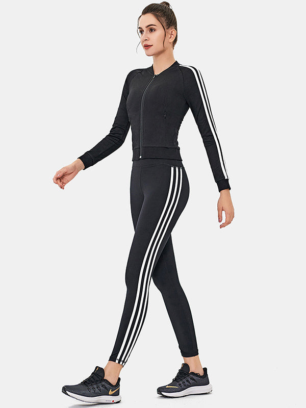 Striped Zipper Cardigan Skinny Stretch Fitness Yoga Suit