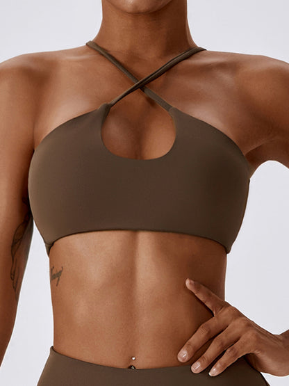 Padded Back Cross Hollow Solid Color Halter-Neck Sports Bra