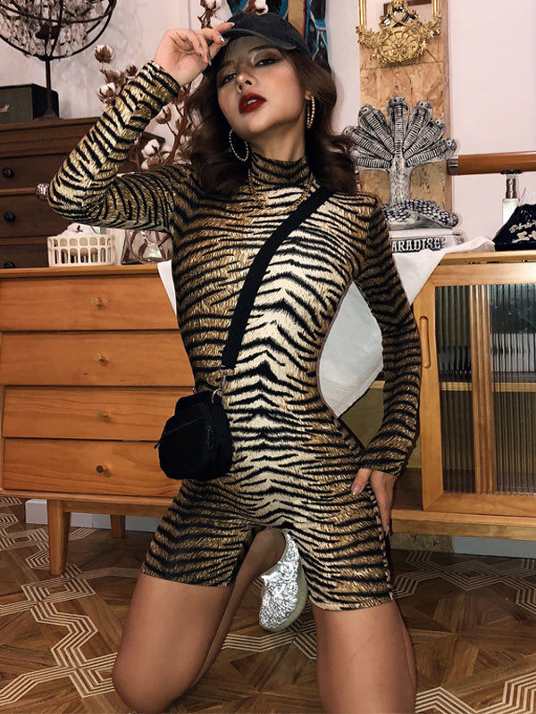 Long Sleeves Leopard Tiger Skin Pattern Zipper High-Neck Rompers