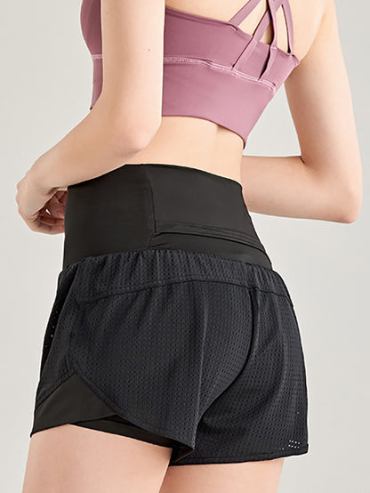 False Two Wrap Yoga Bottoms High-Waisted Pockets Solid Color Shorts