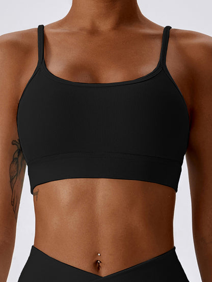 Wrap Back Cross Bandage Hollow Solid Color Striped Spaghetti-Neck Sports Bra