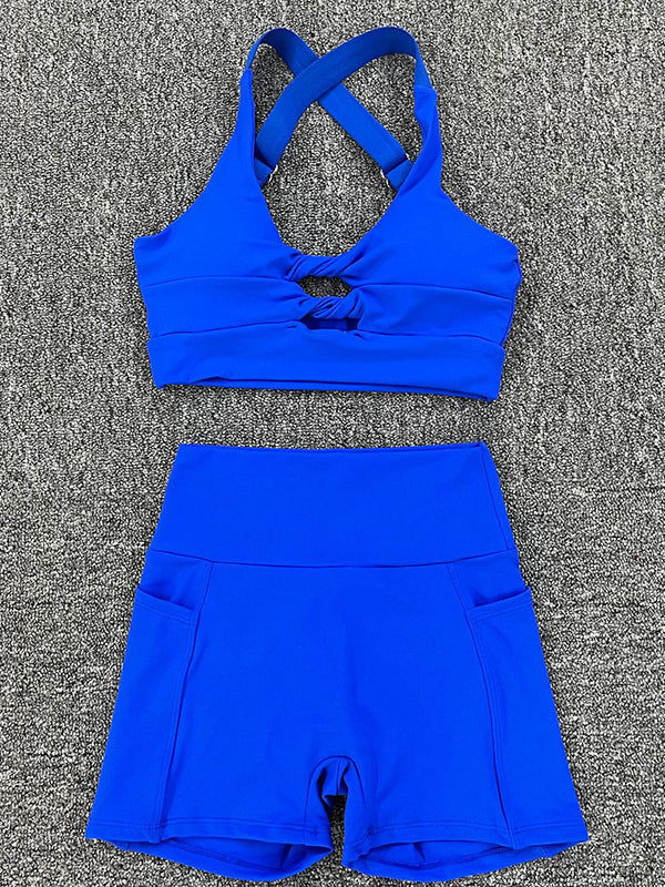 Skinny Wrap Hollow Halter-Neck Sports Bra&Pockets Shorts Solid Color Suits