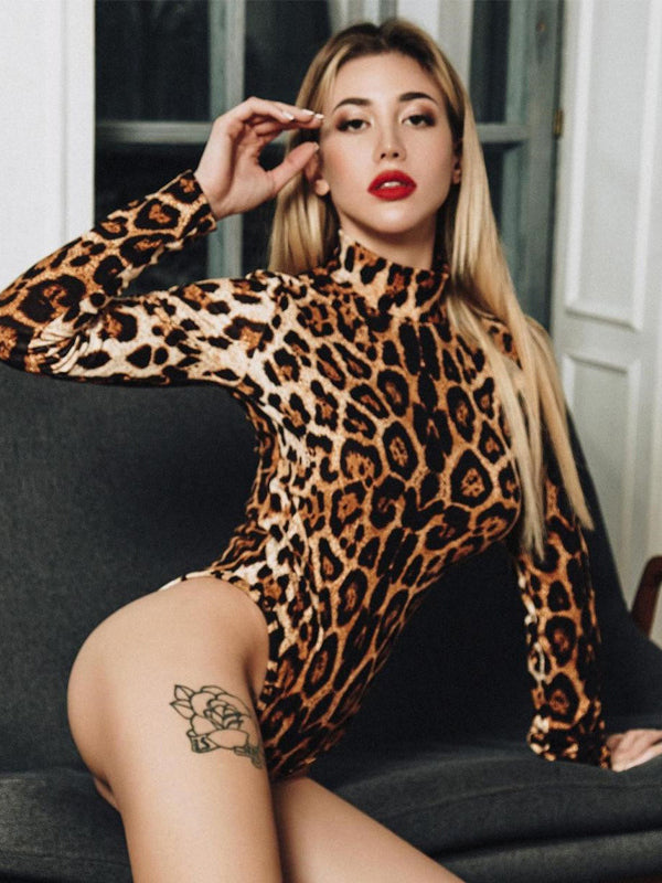 Long Sleeves Wrap Leopard High-Neck Bodysuits