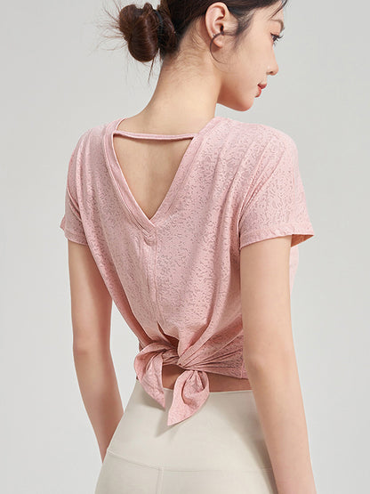 Loose Cover-Ups Tops Solid Color T-Shirts Split-Back Tee Split-Joint Round-Neck Yoga Tops