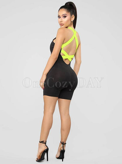 Contrast Color Back Cross Sleeveless Rompers