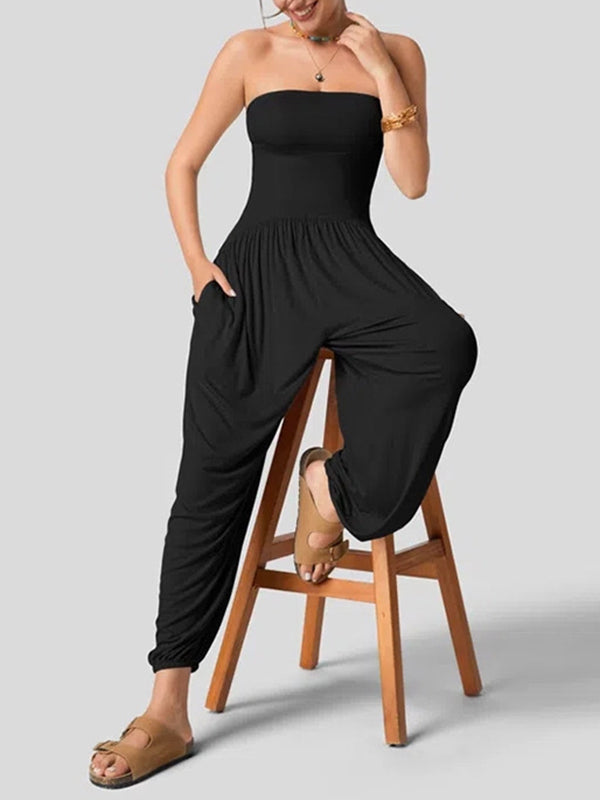 Loose Sleeveless Pleated Pockets Solid Color Tube Jumpsuits