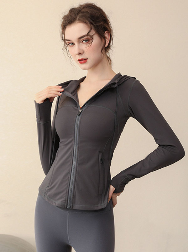 Skinny Wrap Hooded Solid Color Zipper Yoga Tops