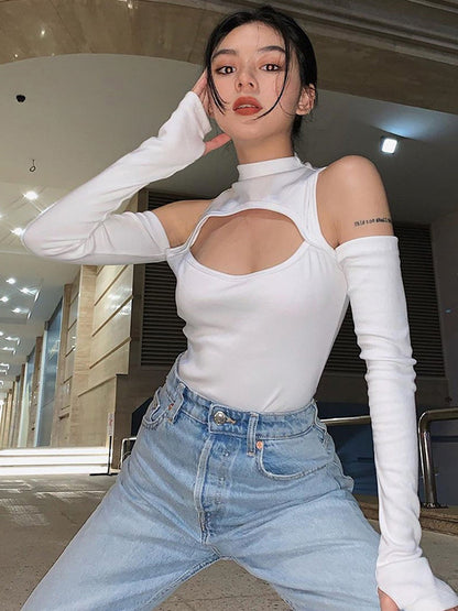 High-Neck Hollowed Wrap Solid Color Bodysuits