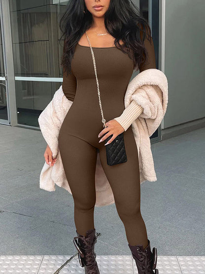 Sports Skinny Long Sleeves Solid Color Square-Neck Jumpsuits Bottoms