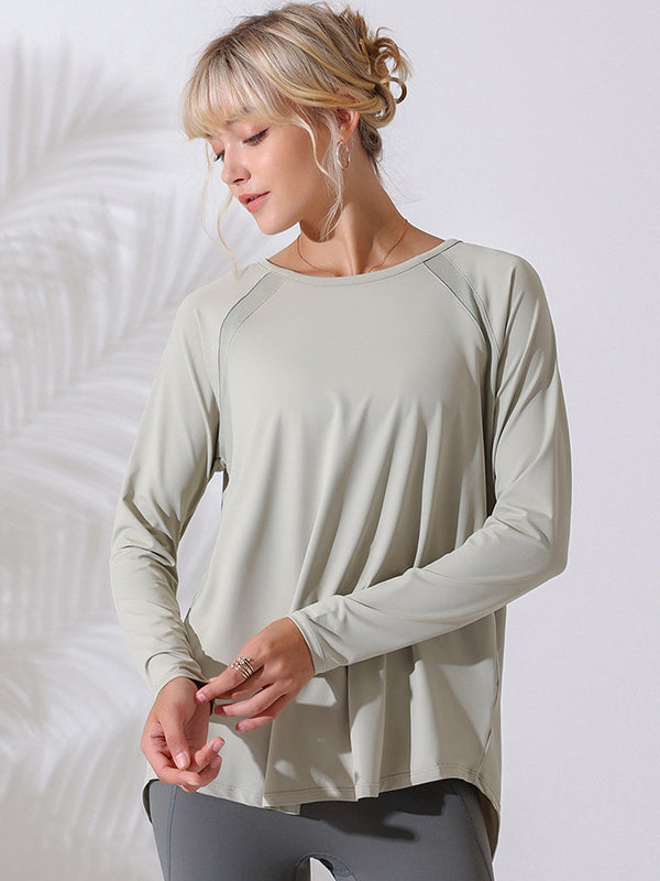 Long Sleeves Loose Hollow Solid Color Round-Neck Yoga Tops