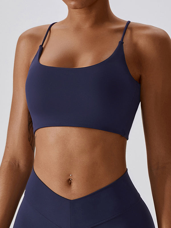 Back Cross Hollow Solid Color Spaghetti-Neck Sports Bra