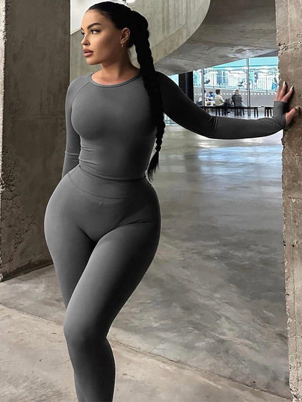 Long Sleeves Solid Color Round-Neck Yoga Suits