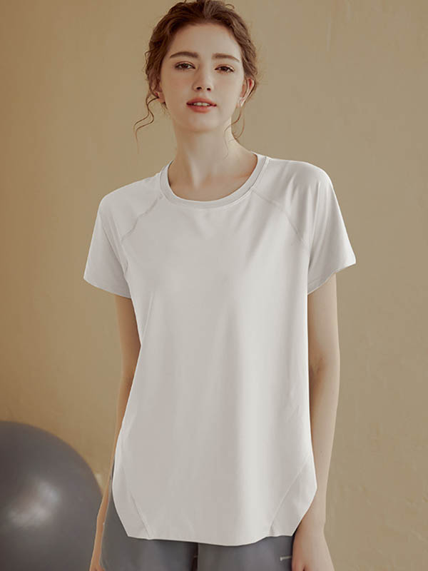 Loose Short Sleeves Solid Color Split-Side Round-Neck Yoga Tops