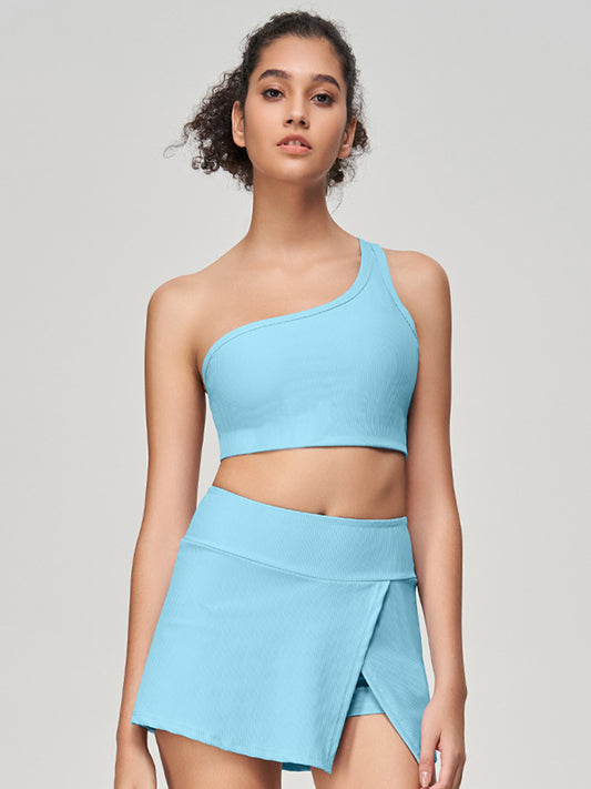 Back Cross Hollow Solid Color Split-Side One-Shoulder Sports Bra&Shorts Suits