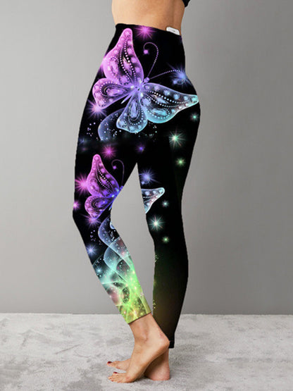 Printed Denim Butterfly High Waist Leggings