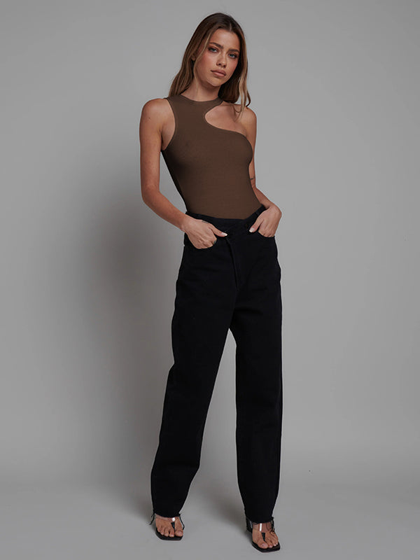 Skinny Sleeveless Hollow Solid Color Cold Shoulder Bodysuits