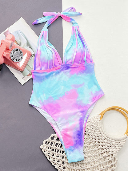 Padded Backless Bandage Tie-Dyed Deep V-Neck One-Piece Swimwear