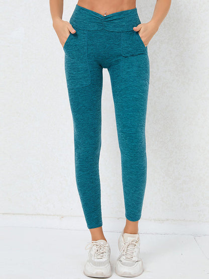 Skinny High-Waisted Pleated Pockets Solid Color Leggings