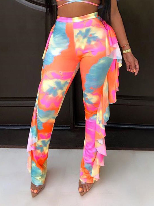 Straight Leg Wrap Printed Tie-Dyed Casual Trousers