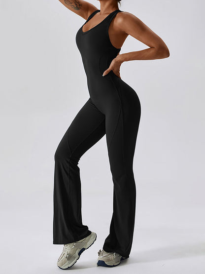 Skinny Wrap Backless Solid Color U-Neck Jumpsuits