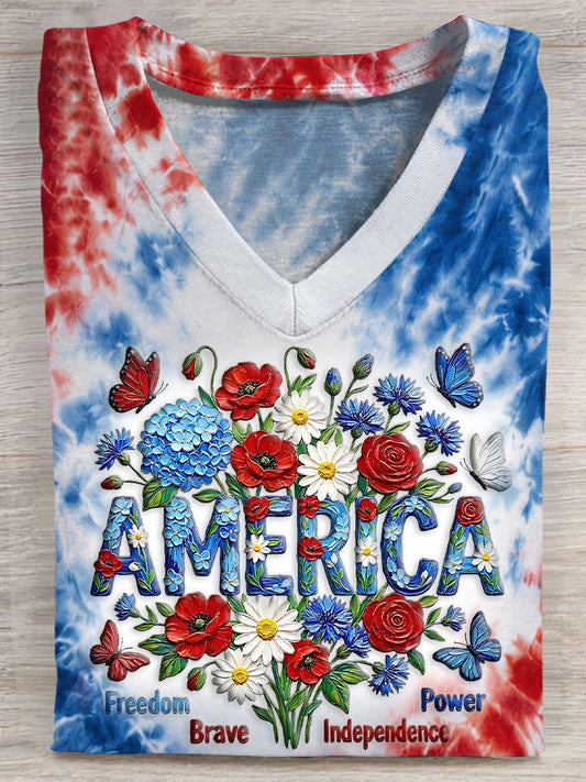 Women's America Patriotic Flower Tie-Dye Short Sleeve V-Neck T-Shirt
