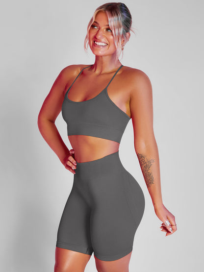 Solid Color Back Crossover Bra & Leggings Sports Suits