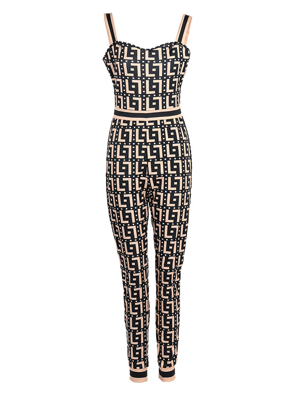 Skinny Sleeveless Belted Color-Block Printed Split-Joint Spaghetti-Neck Bodysuits