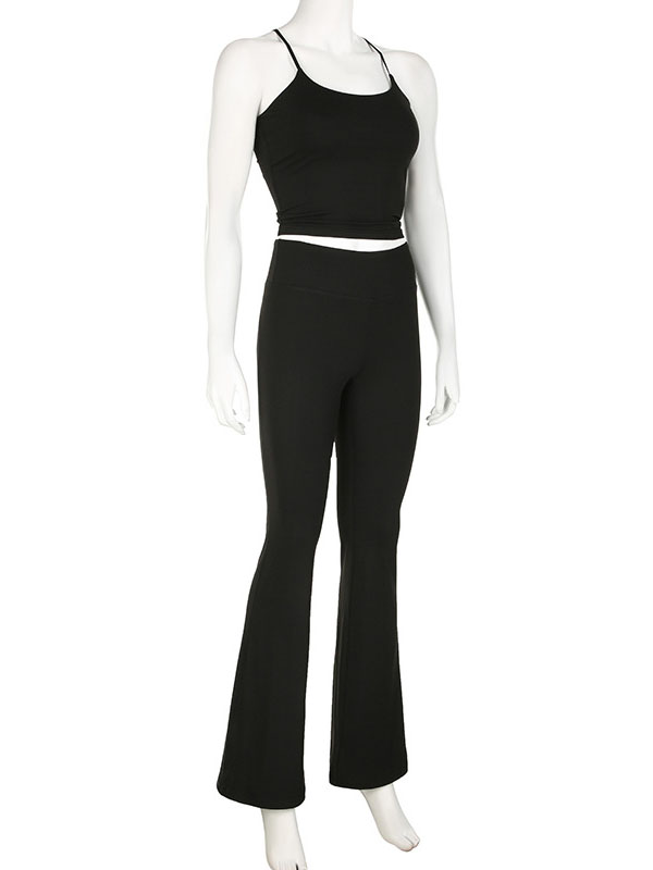 Skinny Back Cross Hollow Solid Color Spaghetti-Neck Tank&Pants Suits