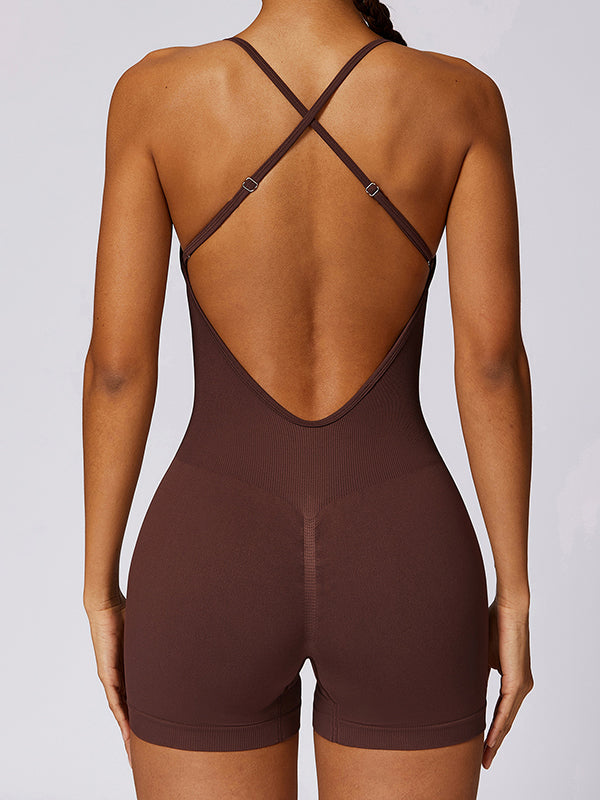 Skinny Back Cross Hollow Solid Color Sports Rompers