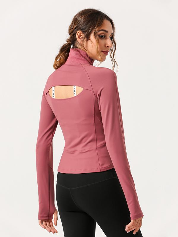 Solid Color Zipper Long Sleeves Back Cut Out Sports Tees