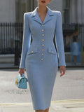 Elegant Light Blue Tweed Sheath Dress With Gold Buttons