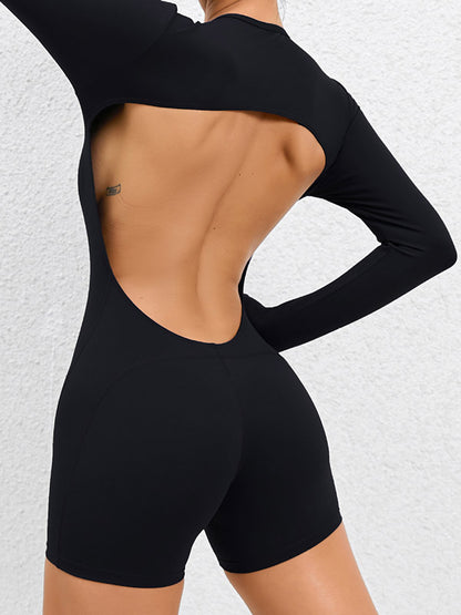 Long Sleeves Backless Solid Color Round-Neck Sports Rompers