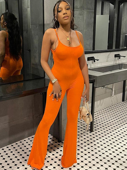 Skinny Wrap Solid Color Spaghetti-Neck Jumpsuits