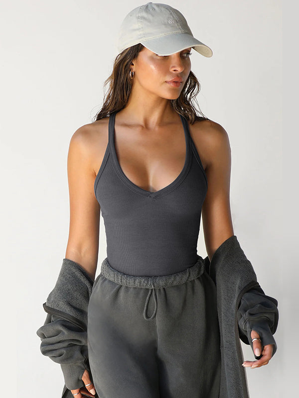 Sleeveless Wrap Hollow Solid Color V-Neck Vest Top