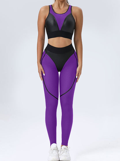 Skinny Wrap Contrast Color Spaghetti-Neck Sports Bra&Leggings Suits