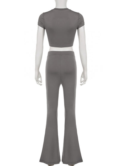 Cropped Letter Print Round-Neck Tee&Flared Pants Suits