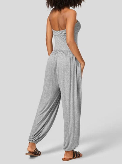 Loose Sleeveless Pleated Pockets Solid Color Tube Jumpsuits