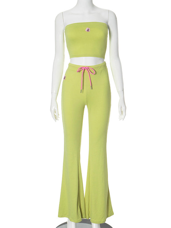 Cropped Flared Drawstring Embroidered Solid Color Tank&Pants Suits