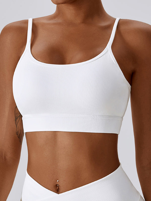 Wrap Back Cross Bandage Hollow Solid Color Striped Spaghetti-Neck Sports Bra