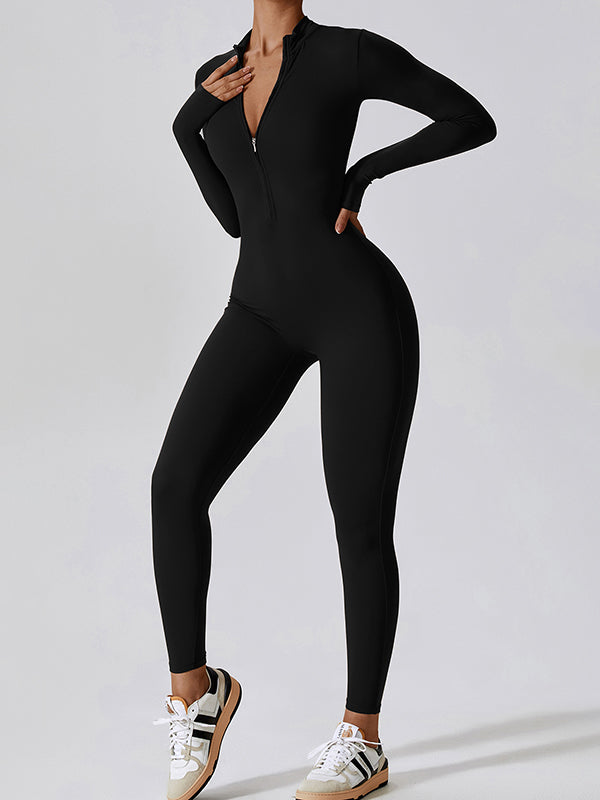 Solid Color Zipper High-Neck Yoga Jumpsuits