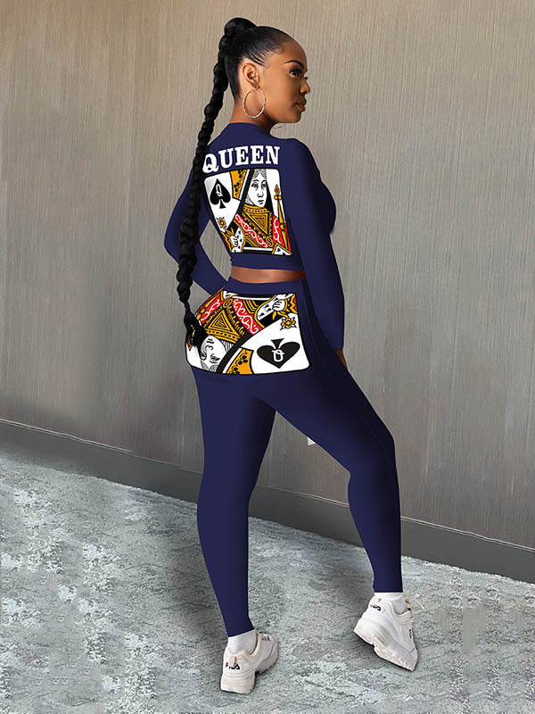 Long Sleeve Spades Q Playing Card Q Tie Top&Leggings Suits