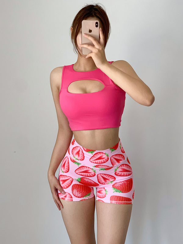 Wrap Contrast Color High-Waisted Fruit Printed Sports Shorts