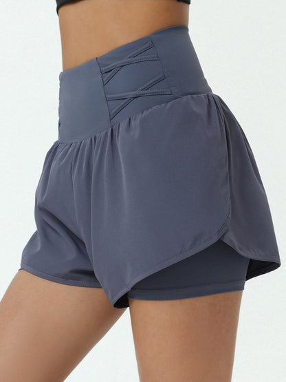 False Two Loose High-Waisted Pockets Solid Color Shorts