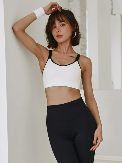 Skinny Wrap Back Cross Color-Block Spaghetti-Neck Sports Bra