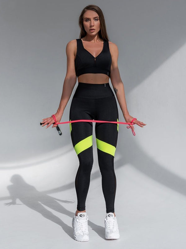 Color-Block High-Waisted Split-Joint Spaghetti-Neck Sports Bra&Leggings Suits