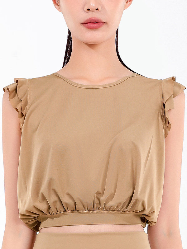 Loose Sleeveless Ruffled Round-Neck Yoga Tops