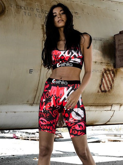 Sleeveless Hollow Letter Print Spaghetti-Neck Sports Bra&Shorts Suits