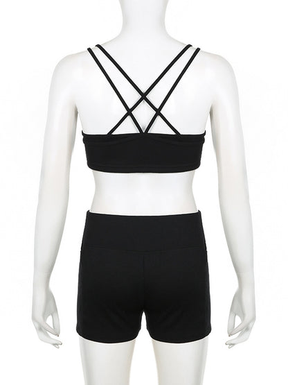 Skinny Wrap Hollow Solid Color Spaghetti-Neck Sports Bra&Shorts Suits