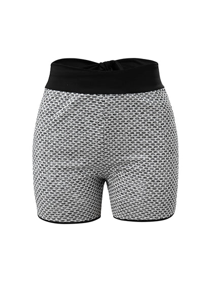 Honeycomb Hollow Contrast Color Bow-Embellished Wrap Sports Shorts